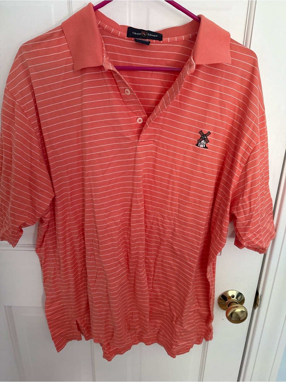 Chaps Coral and White Striped Polo Shirt